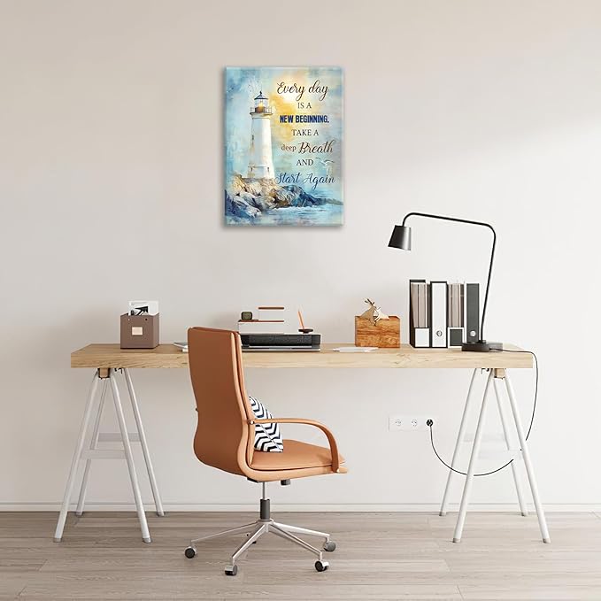 Ocean Lighthouse Pictures Wall Art, Coastal Nautical Bathroom Wall Decor Every Day is a New Beginning Motivational Quote Framed Painting Canvas Artwork for Bedroom Living Room Decorations 20"L x 16"W