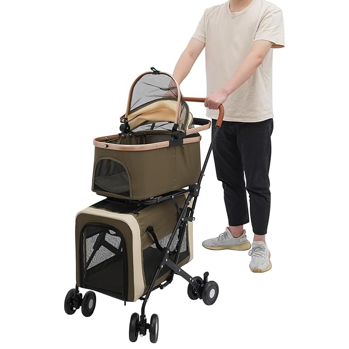2-Layers Pet Stroller for 2 Cats/Dogs,Foldable Lightweight 77lbs Capacity Carrier, 4 Wheels, Removable Basket & Storage Pocket,for Small Pets (Green)