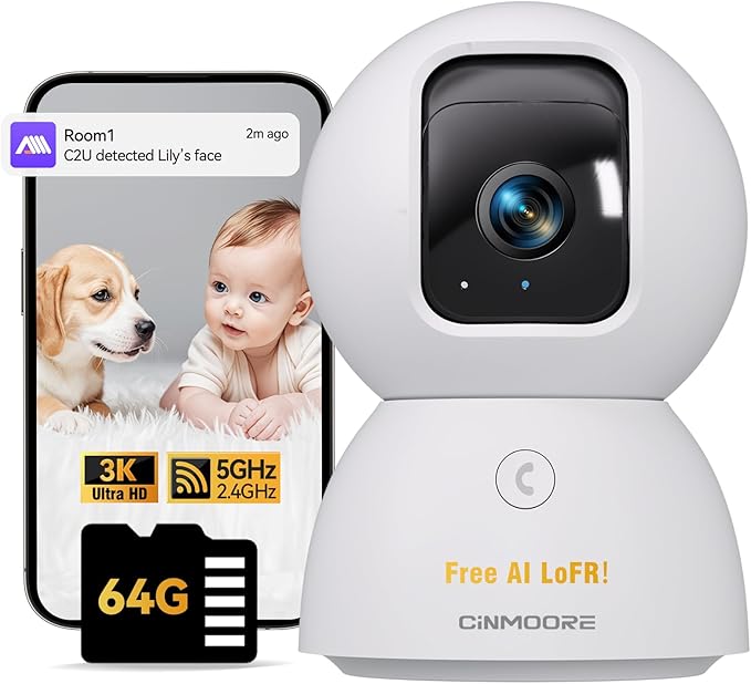 3K Pet/Dog Camera Indoor w/Phone App, No Monthly Fee 64GB Local Storage & AI Tracking Face ID, 2.4/5GHz WiFi Cameras for Home Security Baby Monitor, Pan/Tilt, 2-Way Talk