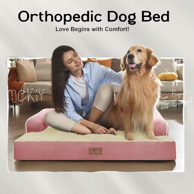 Large Dog Bed Orthopedic Washable Extra Pink XL XLarge Big Dog Bed with Washable Bolster & Memory Foam Couch Sofa - Waterproof with Removable Cover