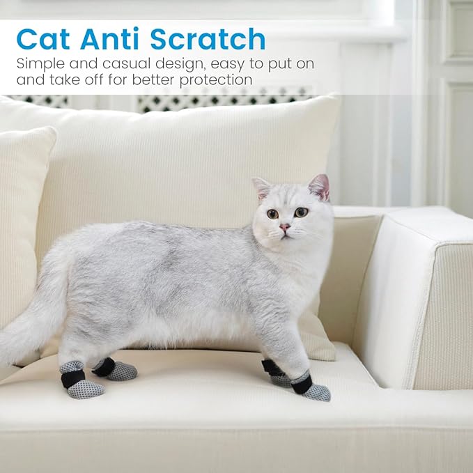 4Pcs Cat Nail Caps, Cats Booties Mittens Paw Covers Caps Shoes for Bathing Shaving Checking Nail Cutting, Pet Grooming Socks AntiScratch Adjustable Pet Claw Protector Foot Sleeves, Grey M