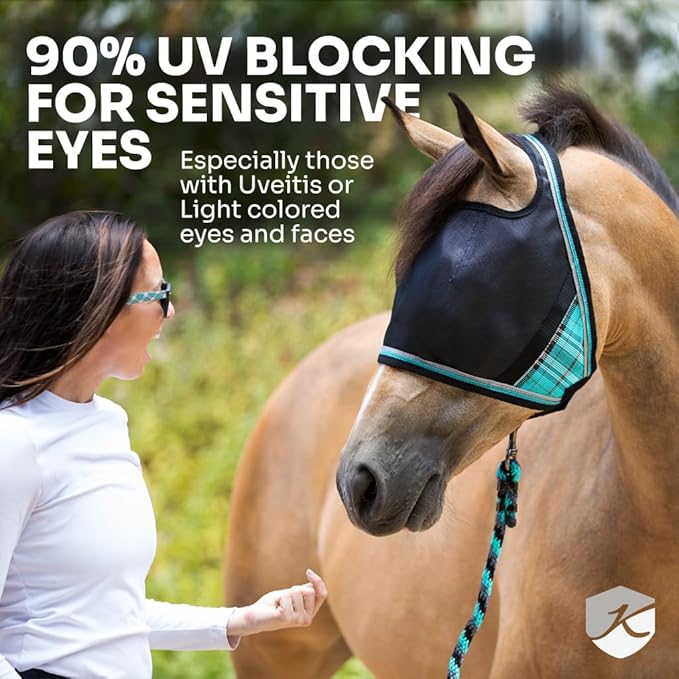 Kensington 90% UV Fly Mask Halter CatchMask UViator - Without Ears & Forelock Freedom Web Trim *Roomy Fit*- Medium, Imperial Jade