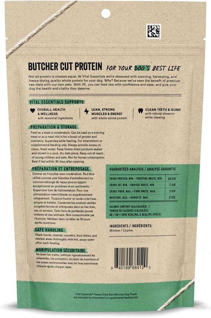 Vital Essentials Minnows Dog Treats, 2.5 oz | Freeze-Dried Raw | Single Ingredient | Premium Quality High Protein Training Treats | Grain Free, Gluten Free, Filler Free