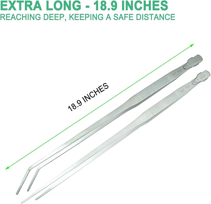 2pcs 18.9 inch Aquarium Tweezers with Hanger, 2025 New Extra Long Feeding Tongs, Stainless Steel Large Aquascape Tools for Fish Tank, Terrarium，Aquascaping, Reptile Snake (Curved & Straight)