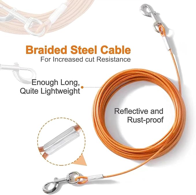 10FT Heavy Duty Dog Tie Out Cable for Large Dogs up to 125lbs, Durable Runner Tether Line (Orange)