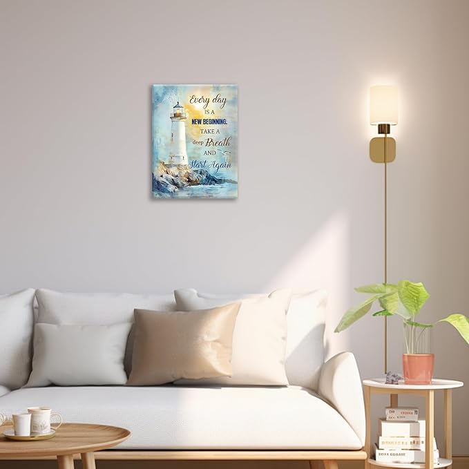 Ocean Lighthouse Pictures Wall Art, Coastal Nautical Bathroom Wall Decor Every Day is a New Beginning Motivational Quote Framed Painting Canvas Artwork for Bedroom Living Room Decorations 20"L x 16"W