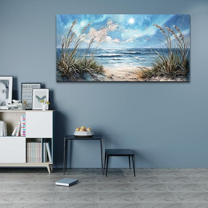 hyidecorart Large Wall Art For Living Room Wall Decor For Bedroom Sunshine Ocean Scenery Painting Blue Sea Waves Wall Pictures Office Modern Canvas Prints Artwork Aesthetic Home Decoration 48"X 24"