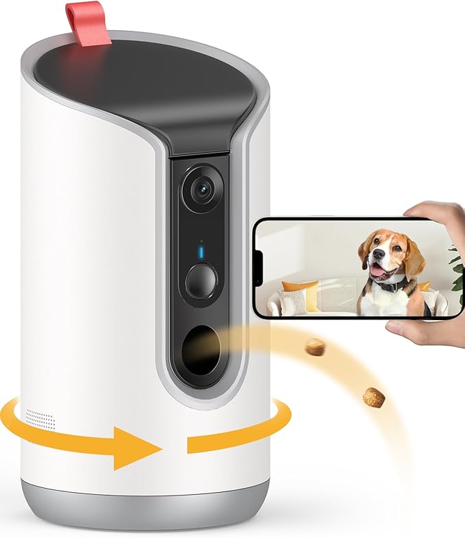 2K Pet Camera Treat Dispenser, 360°View Dog Camera with Phone App, 5G&2.4G WiFi 2-Way Talk Pet Cam Indoor for Cats Remote Treat Tossing, Motion Alerts, Auto Tracking
