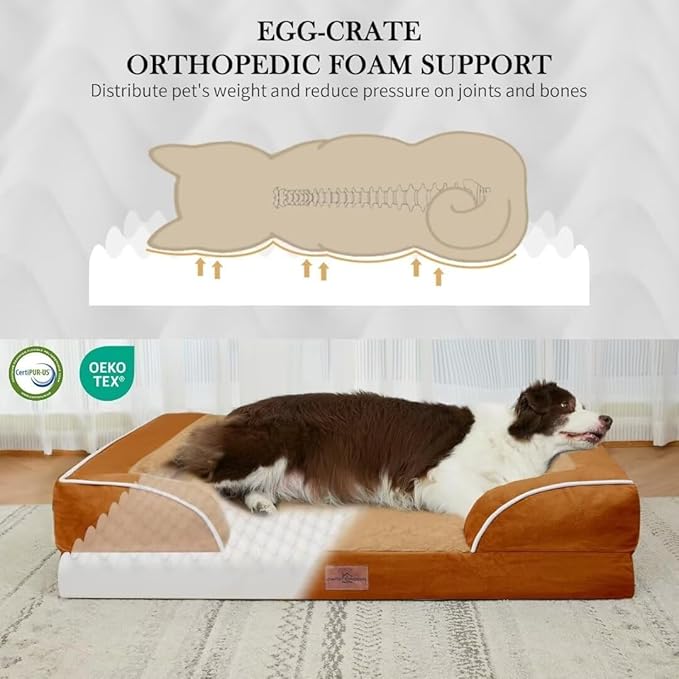Comfort Expression Orthopedic Dog Beds for Extra Large Dogs, PV Washable Dogs Sofa Beds Jumbo, Waterproof Dog Bed with Removable Cover & Non-Slip Bottom(Jumbo,Caramel)