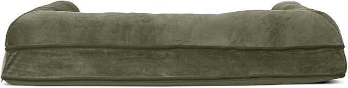 Furhaven Cooling Gel Dog Bed for Large Dogs w/ Removable Bolsters & Washable Cover, For Dogs Up to 95 lbs - Faux Fur & Velvet Sofa - Dark Sage, Jumbo/XL