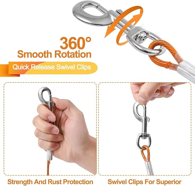 10FT Heavy Duty Dog Tie Out Cable for Large Dogs up to 125lbs, Durable Runner Tether Line (Orange)
