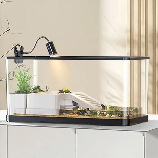 (Tank + Light + Filter Balls) Turtle Tank Kit, Turtle Tank Starter Kit,Bottom Drainage, Multi-Function Areas for Turtles, Crabs,Fishes, Amphibians,Reptiles.(15.75 x 8.64 x 8.64 Inch)