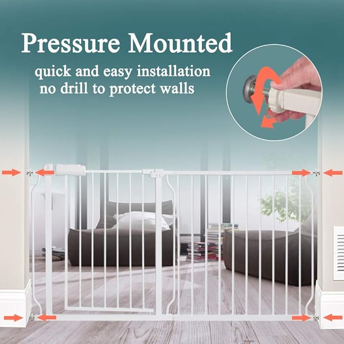 ALLAIBB Extra Wide Pressure Mounted Baby Gate Walk Through Child Kids Safety Toddler Tension White Long Large Pet Dog Gates with Extension for doorways Kitchen (52.76-57.48"/134-146cm)