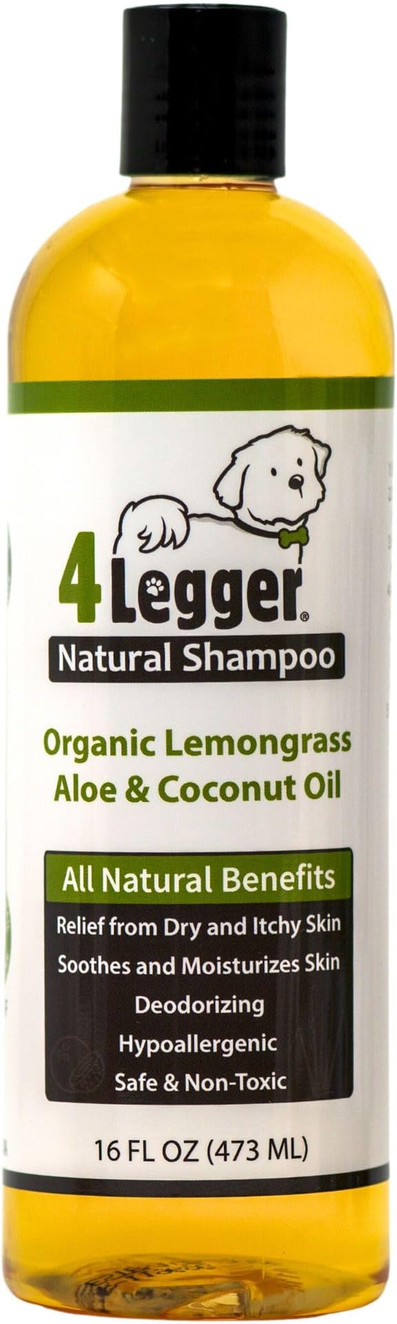 4-Legger Certified Organic Dog Shampoo - All Natural and Hypoallergenic with Aloe and Lemongrass, Soothing for Normal, Dry, Itchy or Allergy Sensitive Skin - Biodegradable - Made in USA - 16 oz