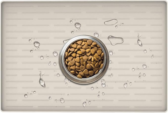 24" x 16" Dog Food Mat, Silicone Pet Mats for Food and Water, Nonslip Pet Feeding Mats for Floors, Dog Cat Bowl Mat with Raised Edges, Beige