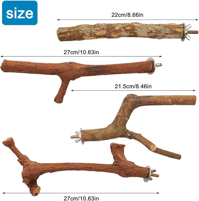 4 Pcs Natural Wooden Bird Perch Parrot Stand, 2 Grape Wood Perches, A Stand Fork Standing Branch, A Paw Grinding Fork, Bird Cage Accessories for Parakeets, Birdcage Sticks & Toys for Budgies, Finches