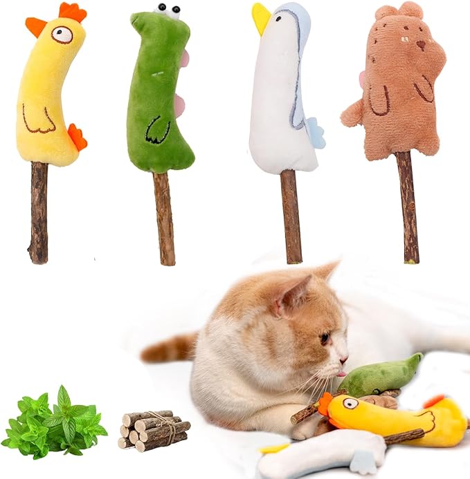 4-Piece Catnip Toys with Valerian Stick Catnip Toys with Various Cute Animal Styles, Plush Cat Toys for Indoor Cats, Cat Chew Toys Kitten Toys