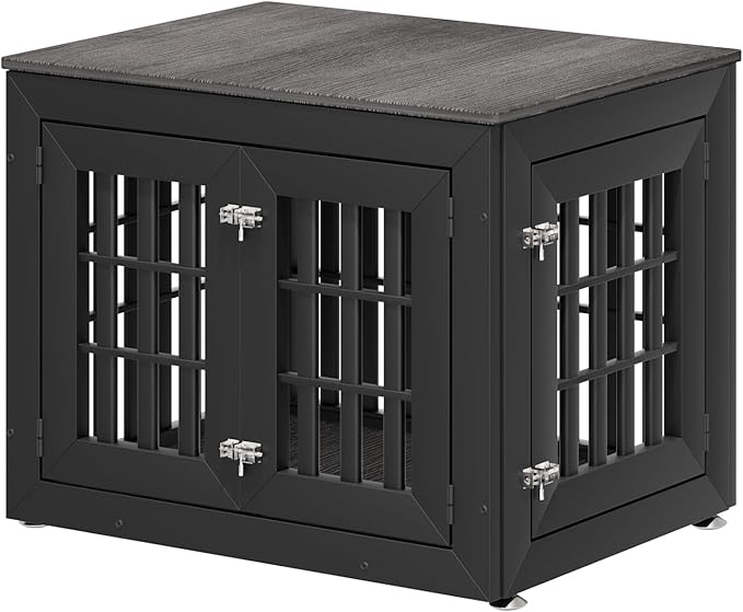 32" Heavy Duty Dog Crate Furniture for Small,Medium and Large Dogs,Rustic Wooden Dog Cage Kennel Indoor Furniture with Waterproof Top,Decorative Pet House Side End Table (Black & Grey)