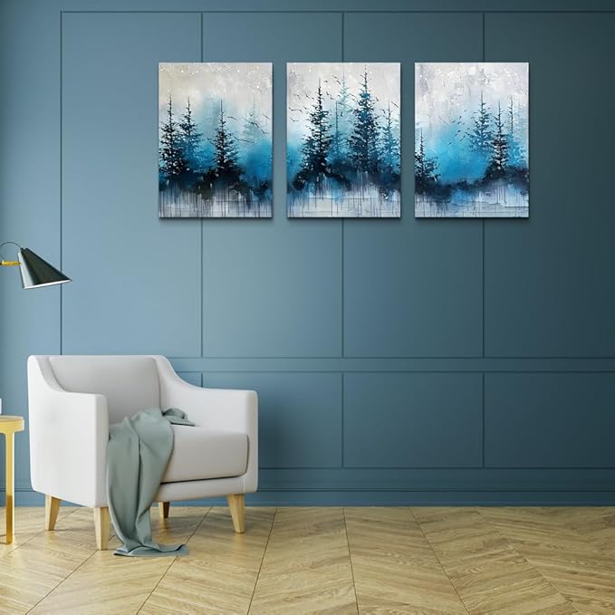 TTHYUEWS Large Canvas Wall Decor for Living Room - Boho Art for Bedroom Forest Landscape Abstract Pictures - Tree Blue Painting Artwork Office Aesthetic Decoration - Hang Easy 3 Piece