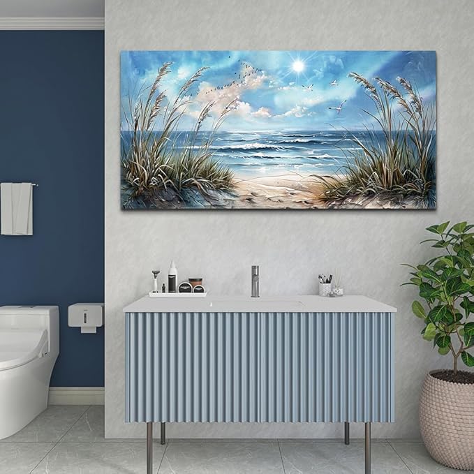hyidecorart Large Wall Art For Living Room Wall Decor For Bedroom Sunshine Ocean Scenery Painting Blue Sea Waves Wall Pictures Office Modern Canvas Prints Artwork Aesthetic Home Decoration 48"X 24"
