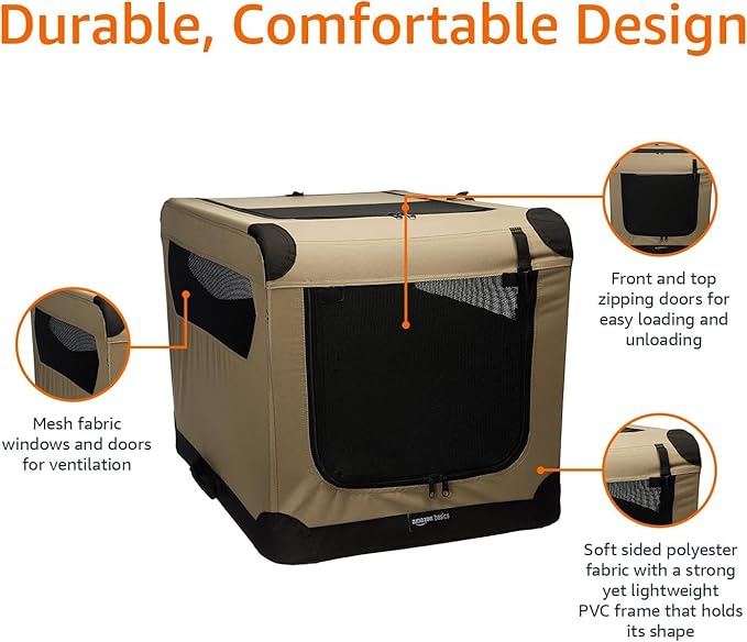 Amazon Basics Folding Soft Crate for Cat, Dog, Rabbit, Portable and Collapsible, 36 Inch, Tan, L 36" x 24" x 24"