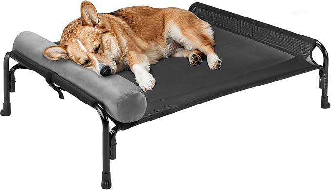 Veehoo Medium Elevated Dog Bed, Outdoor Raised Dog Cot Hammock Bed with One-Sided Removable Headrest Bolster, Cooling Breathable Washable Teslin Mesh, Off Ground, Anti-Slip, M, CWC2204BCP