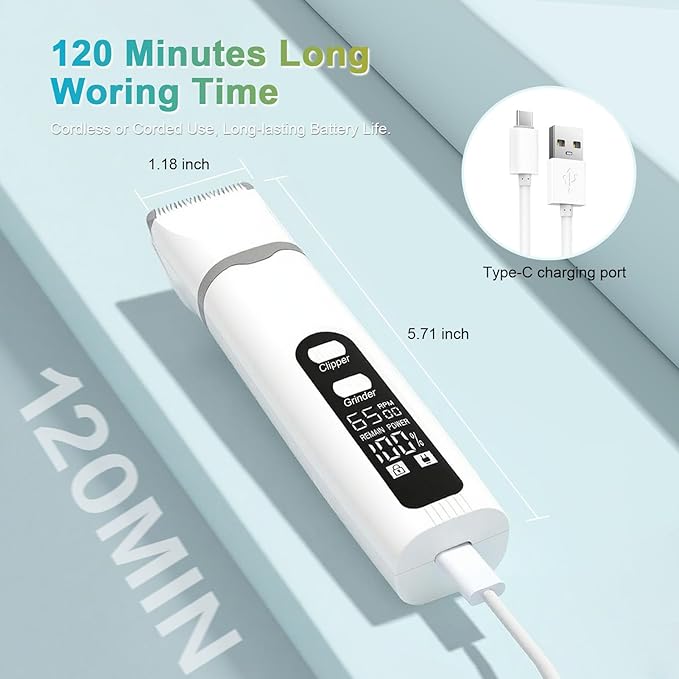 4 in 1 Dog Clippers Grooming Kit with LED Screen, Cordless Quiet Paw Trimmer & Nail Grinder, Rechargeable Waterproof Feet Ear Body Hair Shaver for Cats Dogs Pet Supplies