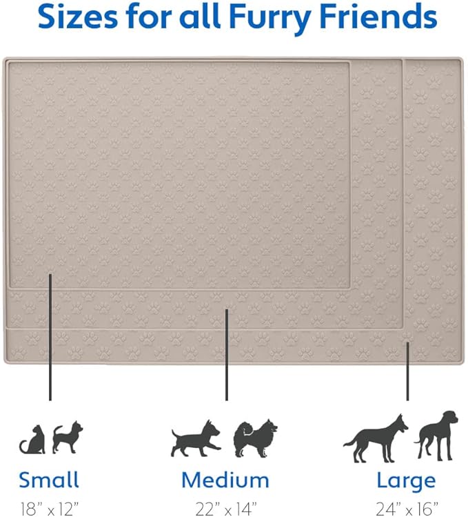 MIGHTY MONKEY 100% Waterproof Dog Food Mat, Raised Edges Silicone Pet Feeding Placemat for Cat, Dogs, Pet Bowls, High Lipped Tray Prevents Water Spills, Food on Floor, Dishwasher Safe, 24x16, Beige