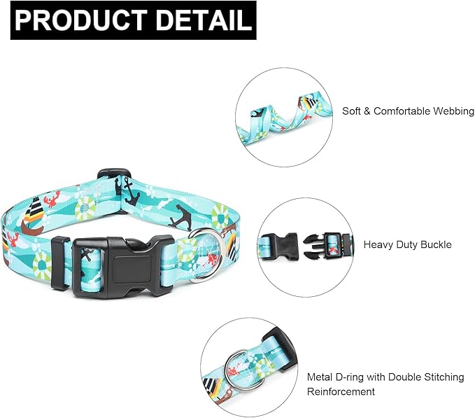 Mercano Adjustable Dog Collar - Special Design Patterns, Soft Nylon Comfortable Durable Pet Collar for Small Medium Large Dogs (L, Sail)
