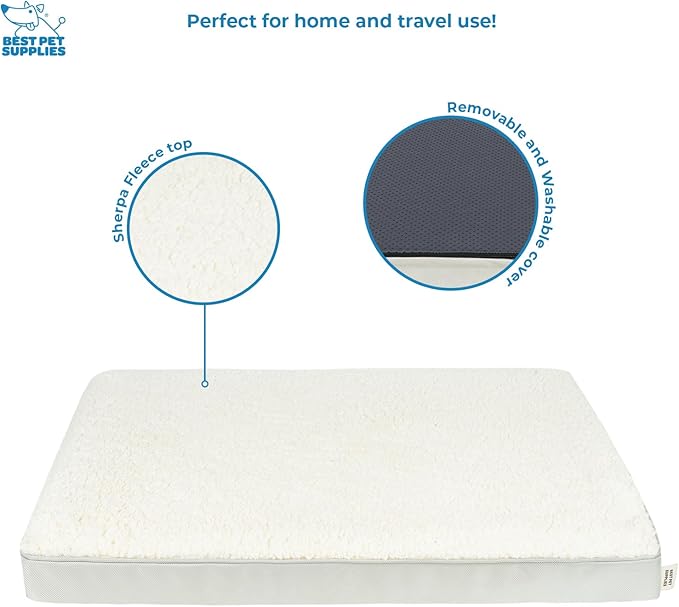 Best Pet Supplies Cute Dog Crate Mat Flat Bed with Waterproof Exterior, Thick Orthopedic Egg Foam Mattress, and Soft Sherpa Fleece Cover for Small, Medium, and Large Breeds - Beige, 24X16X3