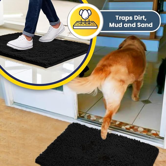 Muddy Mat® Pack of 3 Highly Absorbent Microfiber Dog Door Mat and Pet Rug, Non Slip Thick Washable Area Mat Soft Chenille for Kitchen Bathroom Bedroom and Outdoor - Black Small, Medium & Large