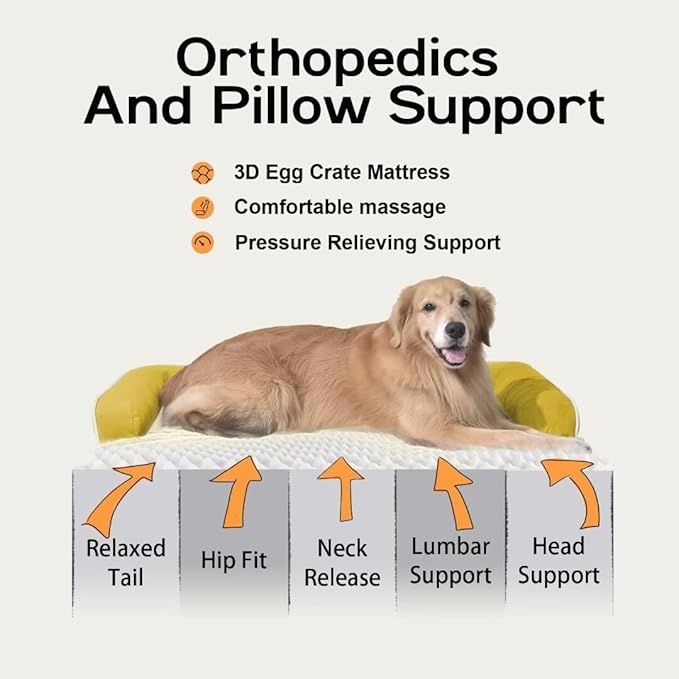 Large Dog Bed Orthopedic Washable | Beds Bolster Pet | XL Large Big Dogs | Memory Foam Couch Sofa | Waterproof with Removable Cover - Ginger Yellow Dog Bed