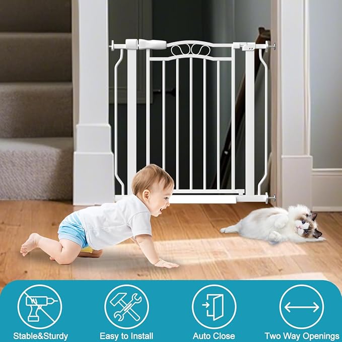 29.9-33.4 in Wide Baby Gate for Stairs Doorways, Auto Close Child Safety Gates Indoor for Dogs Pets, Pressure Mounted Metal Barrier Kids Toddler Door Walk Through, 30" Tall, White