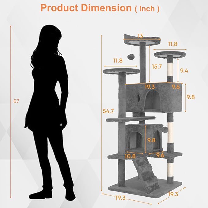 54.7 Inches Cat Tower for Indoor Cats, Multi-Level Cat Condos with Scratching Posts, Hanging Toys, Light Gray