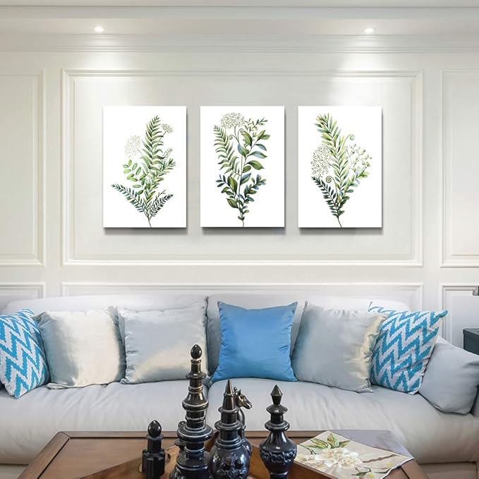 3 Pieces Framed Wall Art for Living Room Bathroom Wall Decorations Kitchen Wall decor Canvas Print decor modern Simple Bedroom Home Decoration Green leaves Poster wall paintings