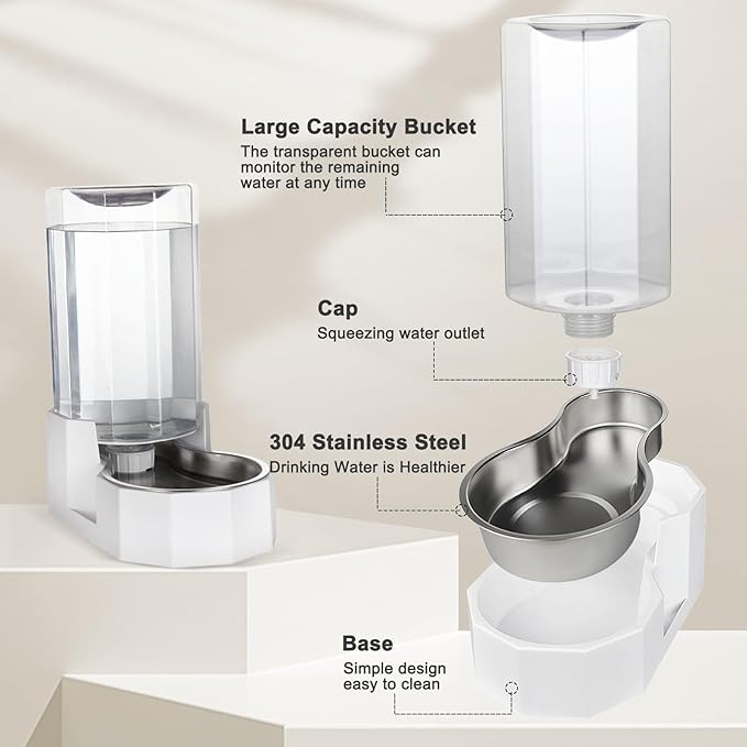 Sfozstra Large Dog Water Dispenser: 8L Automatic White Water Feeder with Stainless Steel Bowl - Without Filter - Gravity Design for Multiple Pets Indoor/Outdoor