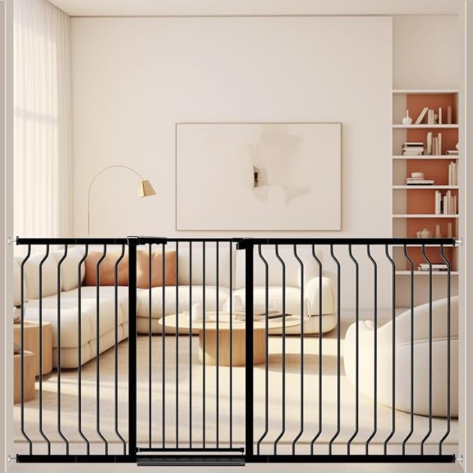 WAOWAO Extra Tall 40.55" Baby Gate 57.48-74.4" Wide Pressure Mounted Walk Through Swing Auto Close Safety Black Metal Toddler Child Dog Pet for Indoor Stairs,Doorways