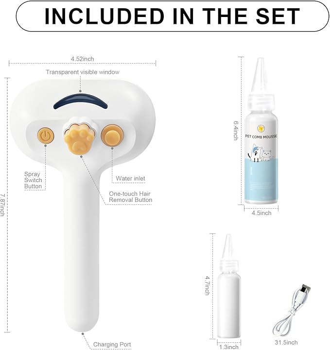 3-in-1 Pet Steam Brush Set for Dogs & Cats, Grooming Comb with Spray, Defur Tool, Water-Assisted Hair Removal, Gentle Cat & Dog Spritz Brush, Multi-Purpose Steam Grooming Kit