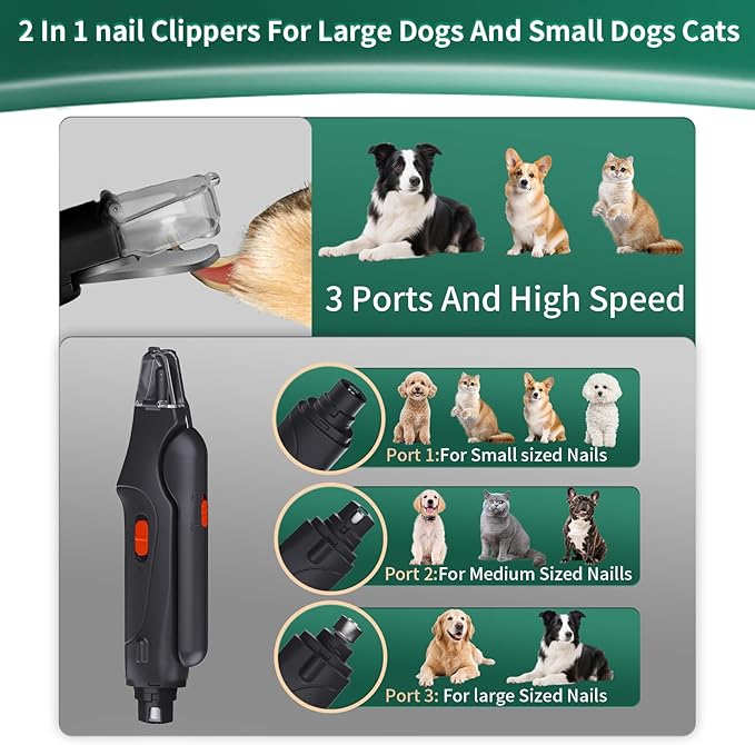 2-in-1 Dog Nail Clippers & Cat Nail Clippers Trimmers for Large Medium Small Dogs Cats Claw Trimmer Quick Sensor and Safety Guard USB Rechargeable with 2 LED Lights Dogs Nail Trimmer