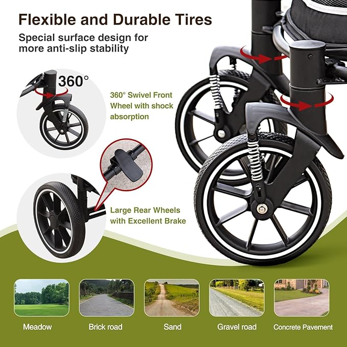 Dog Stroller for Medium/Large Dogs One-Click Folding, Extra Large Pet Stroller for 2 Dogs with Storage Pocket & Shock Absorption, Up to 130 lbs, Grey