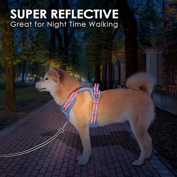 PHOEPET No Pull Dog Harness, Unique Colors Reflective Adjustable Dog Vest, with Soft Training Handle Metal Clips for Small Medium Large Dogs (Baby Blue Base & Pink Straps,L)