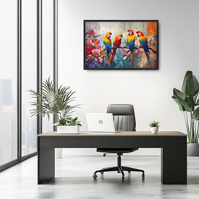 Extra Large Framed Parrot Bird Wall Art,Oversized Abstract Colorful Parrots Flower Wall Decor Pictures for Living Room,Canvas Print Painting Modern Artwork Bedroom Office Bathroom Home Decor 36L x24W