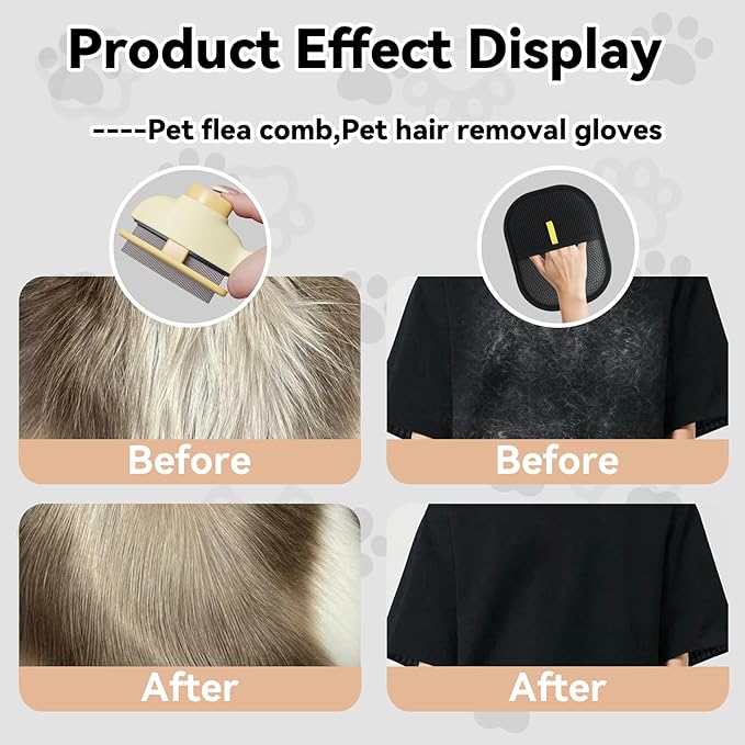2 Pet Hair Removal Gloves, 2 Flea Combs for Cats and Dog，Reusable Electrostatic Gloves and Long & Short Flea Combs, 4 PCS pet hair removal tools