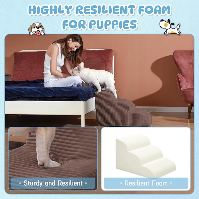 Dog Steps for Small Dogs, 3-Step Pet Ramp Stairs for High Beds and Sofa, Non-Slip Pet Stairs for Small Dogs and Cats, Removable and Easy to Clean Cover, Coffee