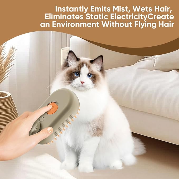 4-in-1 Cat Steam Brush for shedding–Self-Cleaning Comb for Long and Short Hair Cats and Dogs, Steam Pet Brush for Hair Removal, Vibrating Message, Grooming & Relaxation (Khaki)
