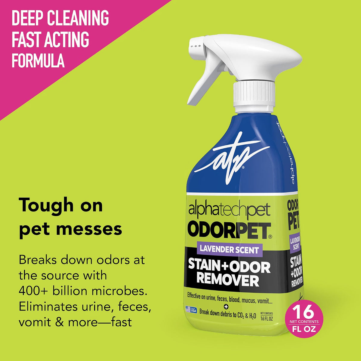 OdorPet Pet Stain Remover and Odor Eliminator - 16 Oz Ready To Use Spray, Non Staining, Professional Strength, Lavender Scent by Alpha Tech Pet