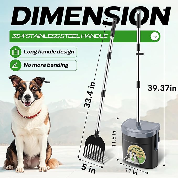 UPSKY Dog Pooper Scooper Swivel Bin & Rake Kit with 100 Waste Bags,33.4" Stainless Steel Long Handle Heavy Duty Pet Poop Shovel for Large Medium Small Dogs, Odor-Proof Lid for Yard/Lawn/Outdoor Use