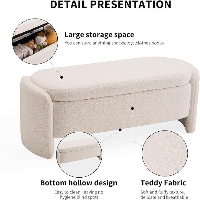 47.6 Inch Lamb Fleece Oval Storage Bench Upholstered Ottoman Bench with Storage, Bedroom Bench with Large Storage Space, for Bedroom Living Room Entryway, Beige