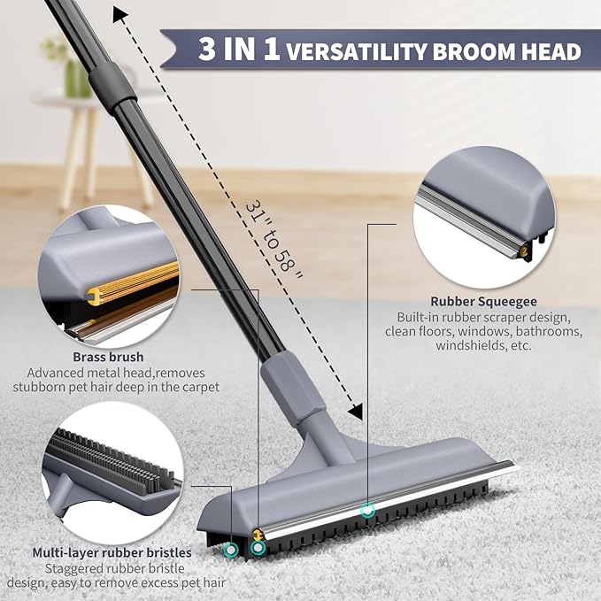 3 in 1 Carpet rake Kit for Pet Hair Removal Tool - Reusable Pet Hair Remover Broom w 58" Adjustable Long Handle, Dog & Cat Carpet Scraper, Pet Hair Remover for Rugs, Mats, Couch, Curtains(Gray)