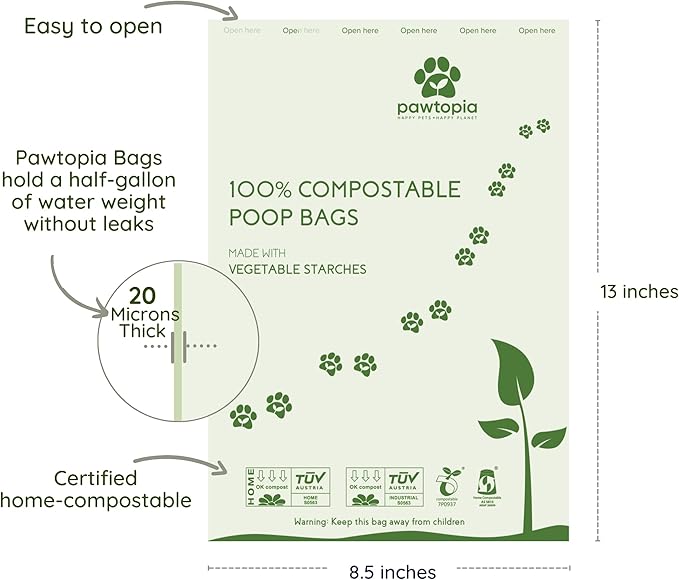 Pawtria Certified Home Compostable Dog Poop Bags (120) + Pink Poop Bag Carrier, Biodegradable Poop Bags, Vegetable Starches, Leak proof Dog Waste Bags, Light-weight silicone made bag carrier